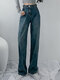 High Waist Zip Front Button Pocket Wide Leg Denim Jeans - Navy