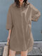 Women Solid Lapel Button Front Casual Shirt Dress - Khaki