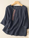 Women Chinese Style Embroidered Cotton 3/4 Sleeve Blouse - Dark Blue