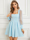 Solid Mesh Stitch Square Collar Long Sleeve Pleated Dress - Blue