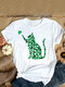 Cat Printed Casual O-Neck Short Sleeve T-shirt - White