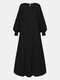 Women Ethnic Solid Color O-neck Long Sleeve Patchwork Maxi Dress - Black