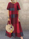 Vestido feminino xadrez Padrão gola redonda manga curta - Vinho vermelho