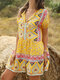 Ethnic Print Short Sleeve V-neck Vintage Jumpsuit Fot Women - Yellow