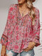 Women Allover Floral Print V-Neck Bohemian Long Sleeve Blouse - Pink