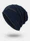 Men Winter Plus Velvet Letter Striped Pattern Outdoor Knitted Warm Beanie Hat - Navy