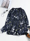 Floral Print Long Sleeve Fungus Knotted V-neck Blouse - Navy