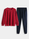 Men Polar Fleece Thick Pajamas Set Plain Thermal Loose Comfortable Loungewear With Pockets - Red