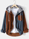 Mens Corduroy Colorblock Stitching Drawstring Hooded Shirt With Pocket - Blue