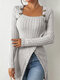 Women Square Collar Irregular Design Rib-Knit Long Sleeve T-Shirt - Gray