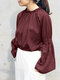 Solid Long Puff Sleeve Lettuce Edge Crew Neck Blouse - Wine Red