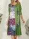 Vintage Ethnic Print O-neck Long Sleeve Casual Dress for Women - Green