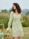 Floral Print Backless Shirred Long Sleeve Square Collar Dress - Yellow