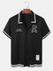 Mens Contrast Striped Trims Cartoon Bear Print Preppy Short Sleeve Shirts - Black