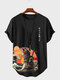 Herren-T-Shirt mit japanischem Aufdruck und abgerundetem Saum, kurzärmelig, Katze - Schwarz