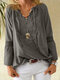 Solid Color Lace Patchwork Drawstring V-neck Blouse - Gray
