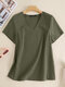 T-shirt casual da donna a manica corta con scollo a V solido - Army Green