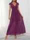 Women Waistband Solid Color Deep V-neck Short Sleeve Maxi Dress - Purple