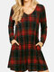 Plaid Print Pockets V-neck Long Sleeves Casual Dress for Women - Red
