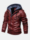 Mens PU Leather Fake Two Pieces Thickened Hooded Long Sleeve Coats Jackets - Wine Red
