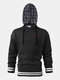 Mens Patchwork Casual Knitted Drawstring Plaid Hooded Sweater - Black