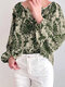 Allover Flower Print Button Long Sleeve Blouse - Green