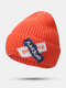 Unisex Knitted Solid Color Letter Raw Edge Patch Flanging All-match Warmth Beanie Hat - Orange Red