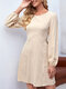 Solid Backless Tie Bow Long Sleeve Crew Neck Dress - Khaki