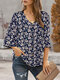 Ditsy Floral Print V-Neck Button Up Flared Sleeve Blouse - Dark Blue