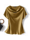 Women Satin Solid Cowl Neck Casual Short Sleeve Blouse - Yellow