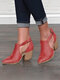 Plus Size Women Retro Casual Buckle Chunky Heel Ankle Boots - Red