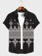 Mens Monochrome Ethnic Geometric Print Lapel Short Sleeve Shirts - Black