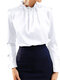 Solid Color Pearl Flared Long Sleeve Ruffled Blouse - White