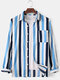 Men Cotton Linen Colorful Stripe Breathable  Long Sleeve Shirt - Blue