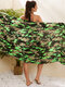 Women Camo Fray Trim Sun Protection Shawl Cover Up Swimsuit - Green