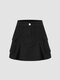 Minifalda de mezclilla de cintura alta con bolsillo plisado liso - Negro