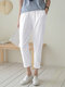 Women Solid Color Elastic Waist Casual Pants With Pocket - White