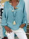 Long Sleeve Solid Color Loose V-neck Blouse For Women - Blue
