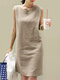 Solid Slit Hem Sleeveless Crew Neck Dress For Women - Khaki