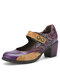 Socofy Genuine Leather Retro Printed Hook & Loop Comfy Round Toe Purple Mary Jane Heels - Purple