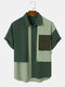 Mens Color Block Patchwork Flap Pocket Cotton Drop Shoulder Shirts - Green