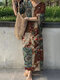 Vestido de manga com estampa floral vintage decote em V 3/4 Comprimento - Cáqui