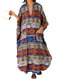 Ethnic Print Batting Sleeve Loose Vintage Maxi Dress For Women - Orange