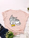 Cartoon Cat Printed O-neck Short Sleeve T-shirt - Light Pink
