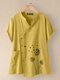 Butterfly Flower Print Irregular Button Short Sleeve 100% Cotton Blouse With Pocket - Yellow