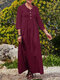 Solid Color Turn-down Collar Long Sleeve Dress - Wine Red