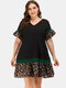 Leopard Print Patchwork Ruffle Sleeve Plus Size Dress for Women - Green