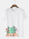 Mens Cartoon Frog Print Round Neck Loose Cotton Short Sleeve T-Shirts - White