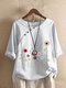 Cartoon Floral Printed O-neck Button Short Sleeve T-shirt - White