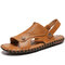 Men Hand Stitching Adjustable Strap Comfy Soft Sole Beach Leather Sandals - Yellow Brown